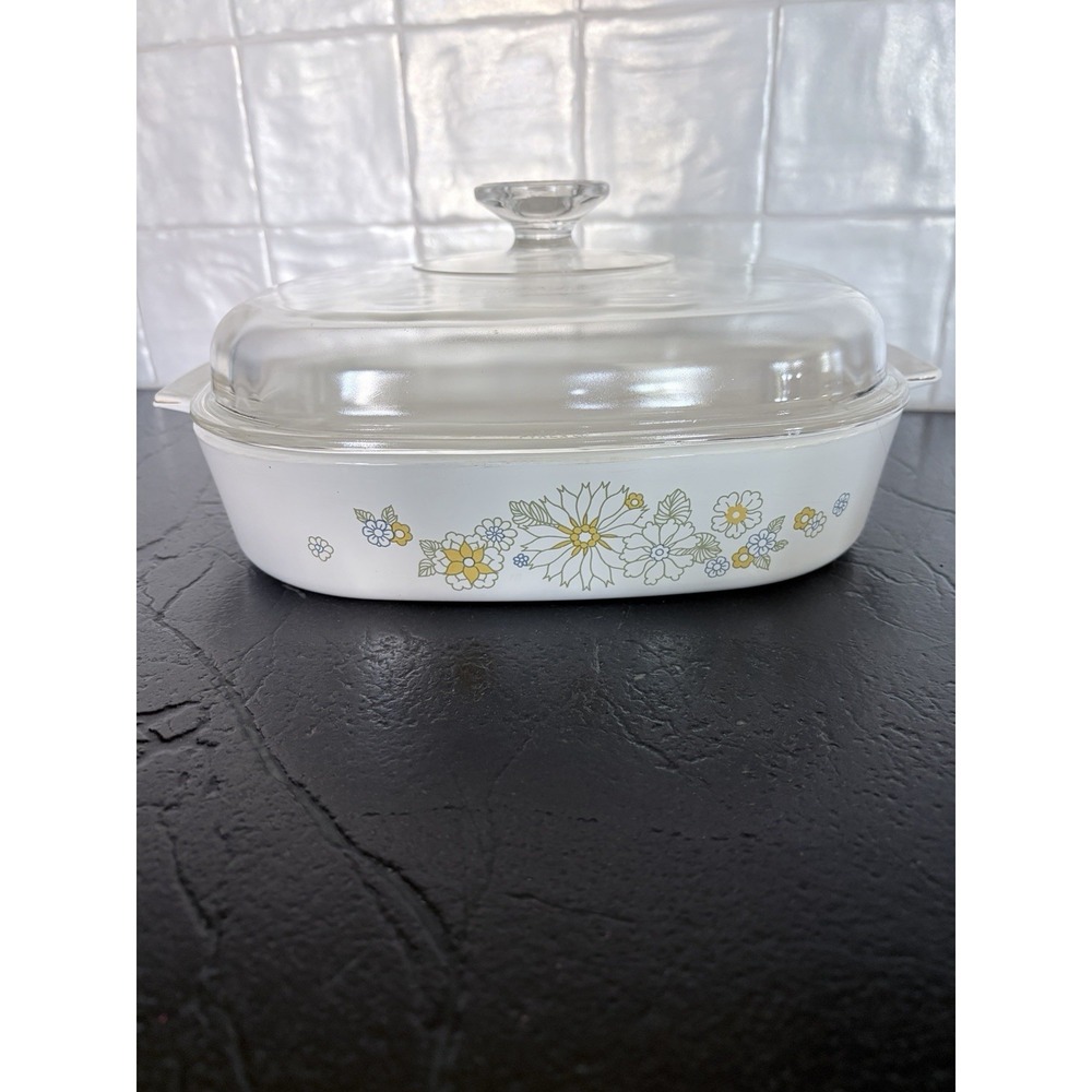 VTG Pyrex Corning Ware Floral Bouquet 9.75" Square Casserole Dish with Lid